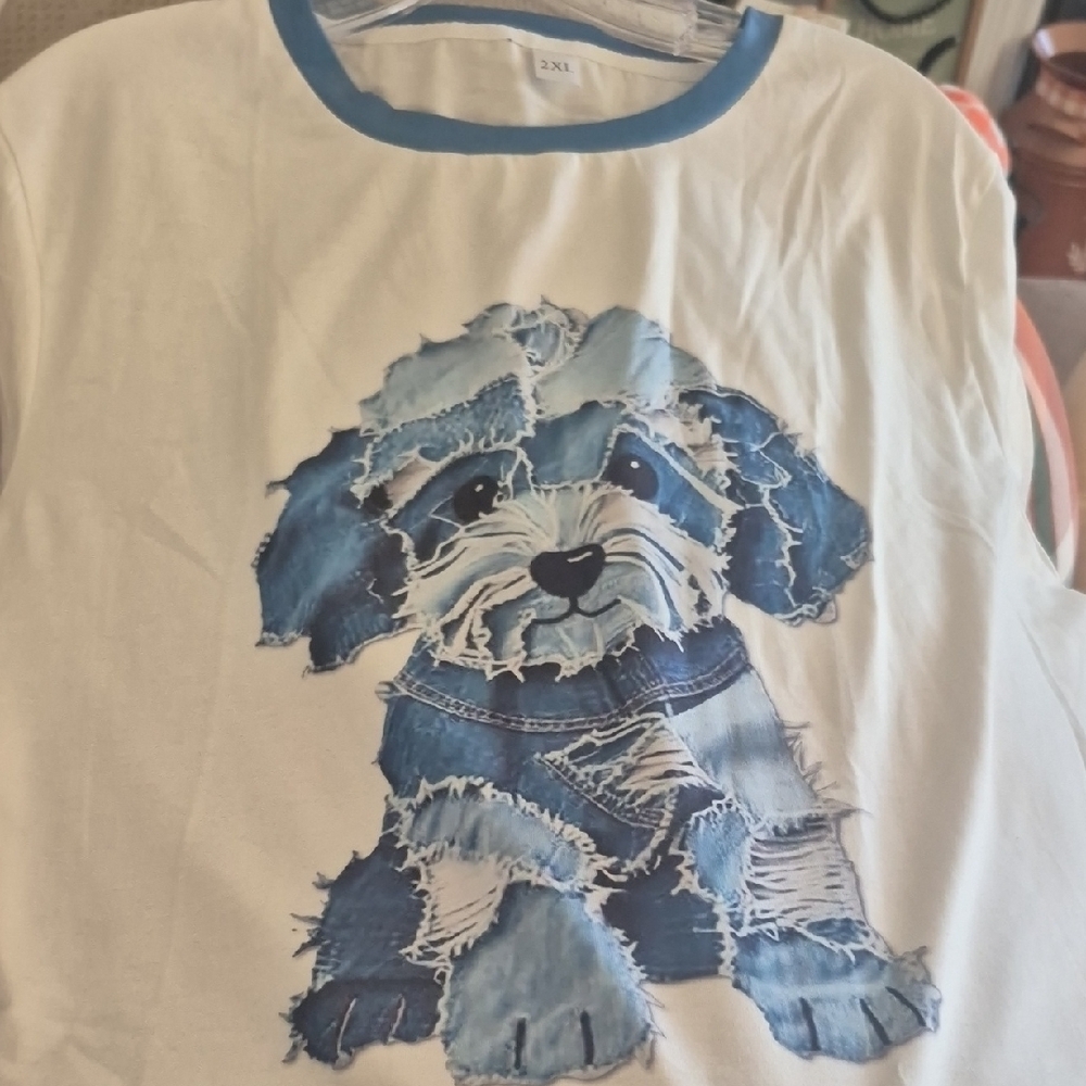 Charming Blue and White Adult Tshirt With A Dog On Front - Picture 5 of 6